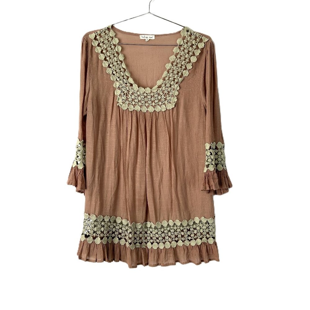 Indigo Soul Gauzy Lace Tunic Top Tan Sage Green M Boho Hippie